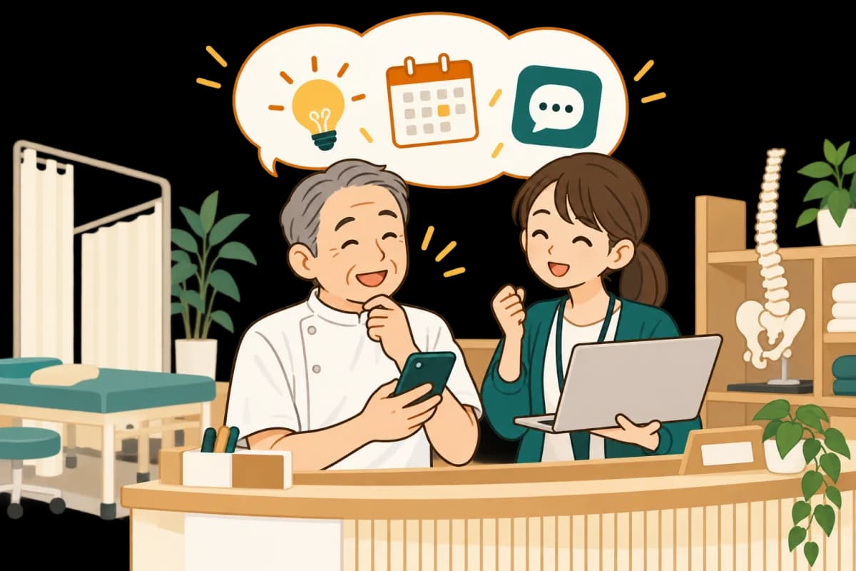 接骨院の院長がスマホを見てほっとし、隣でノートパソコンを持った若者が笑っている絵